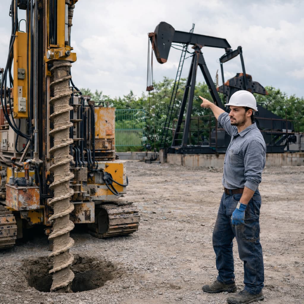 Curso cimentaciones especiales sondeos y perforaciones Trabajador con casco blanco realizando indicaciones en una obra de construcción, junto a maquinaria de perforación especializada. La imagen representa una escena práctica del Curso Cimentaciones Especiales, Sondeos y Perforaciones, centrado en técnicas de exploración del terreno y ejecución de cimentaciones complejas