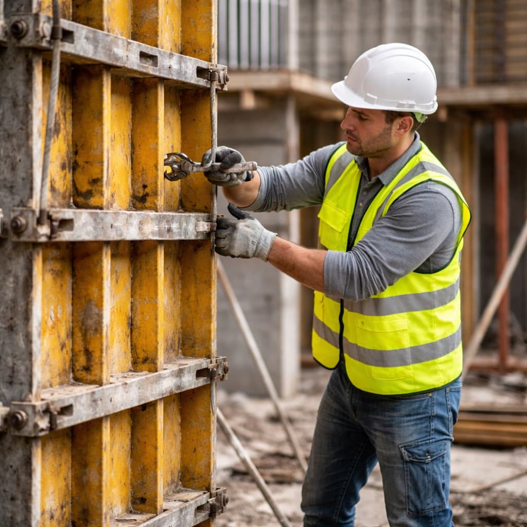 Curso de encofrador Un hombre con casco y chaleco reflectante trabaja ajustando un encofrado en una obra en construcción. La imagen representa actividades prácticas propias del curso de encofrador, centrado en la preparación, montaje y desmontaje de encofrados para estructuras de hormigón en el ámbito de la construcción.
