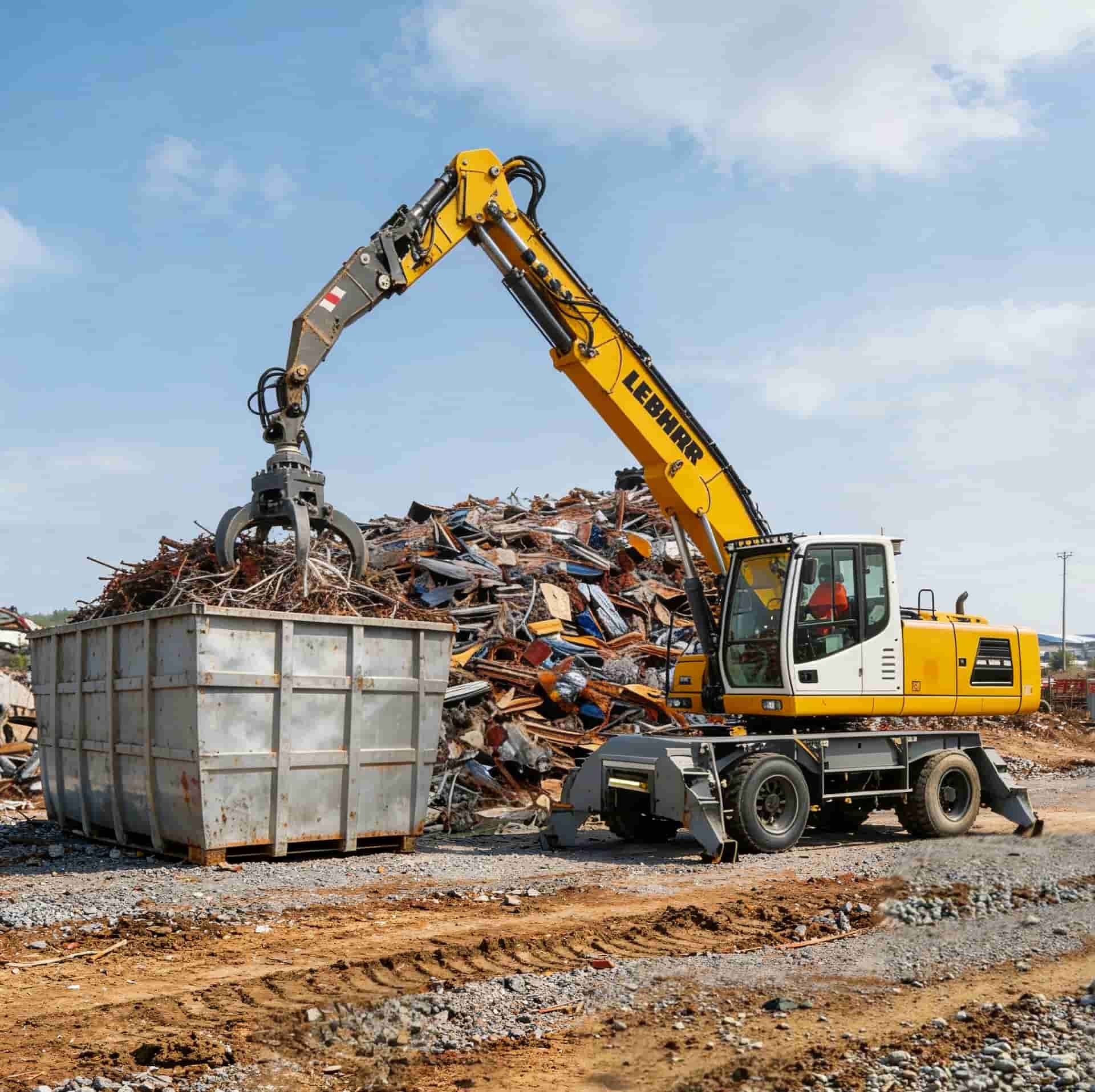 Curso de operario de grua pulpo Operario manejando maquinaria pesada tipo grúa pulpo en una planta de reciclaje, cargando y clasificando chatarra metálica de forma segura, imagen representativa del Curso de operario de grúa pulpo.