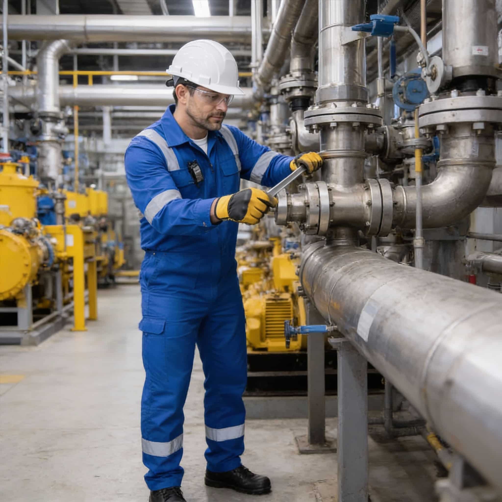 Curso mantenimiento industrial Técnico con casco blanco y ropa de seguridad realizando tareas de reparación y ajuste de maquinaria industrial en una planta, imagen representativa del Curso Mantenimiento Industrial