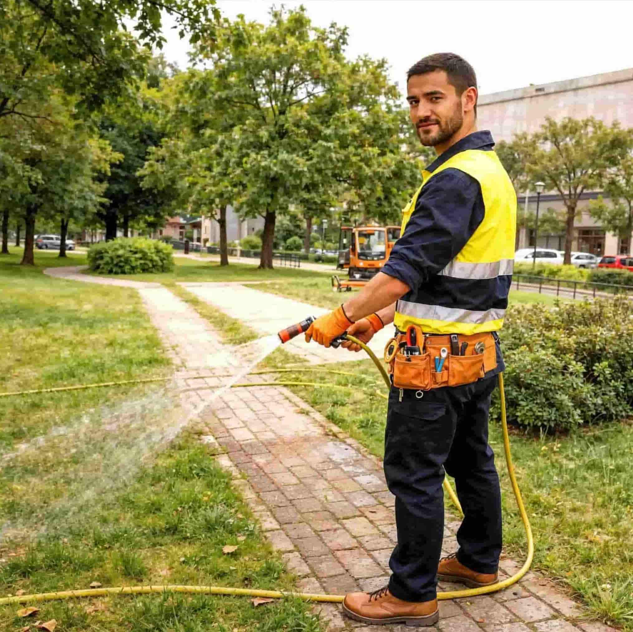 Curso operario de servicios multiples Operario con chaleco reflectante y guantes de seguridad realizando tareas de riego y mantenimiento de zonas verdes en un entorno urbano, imagen representativa del Curso operario de servicios múltiples