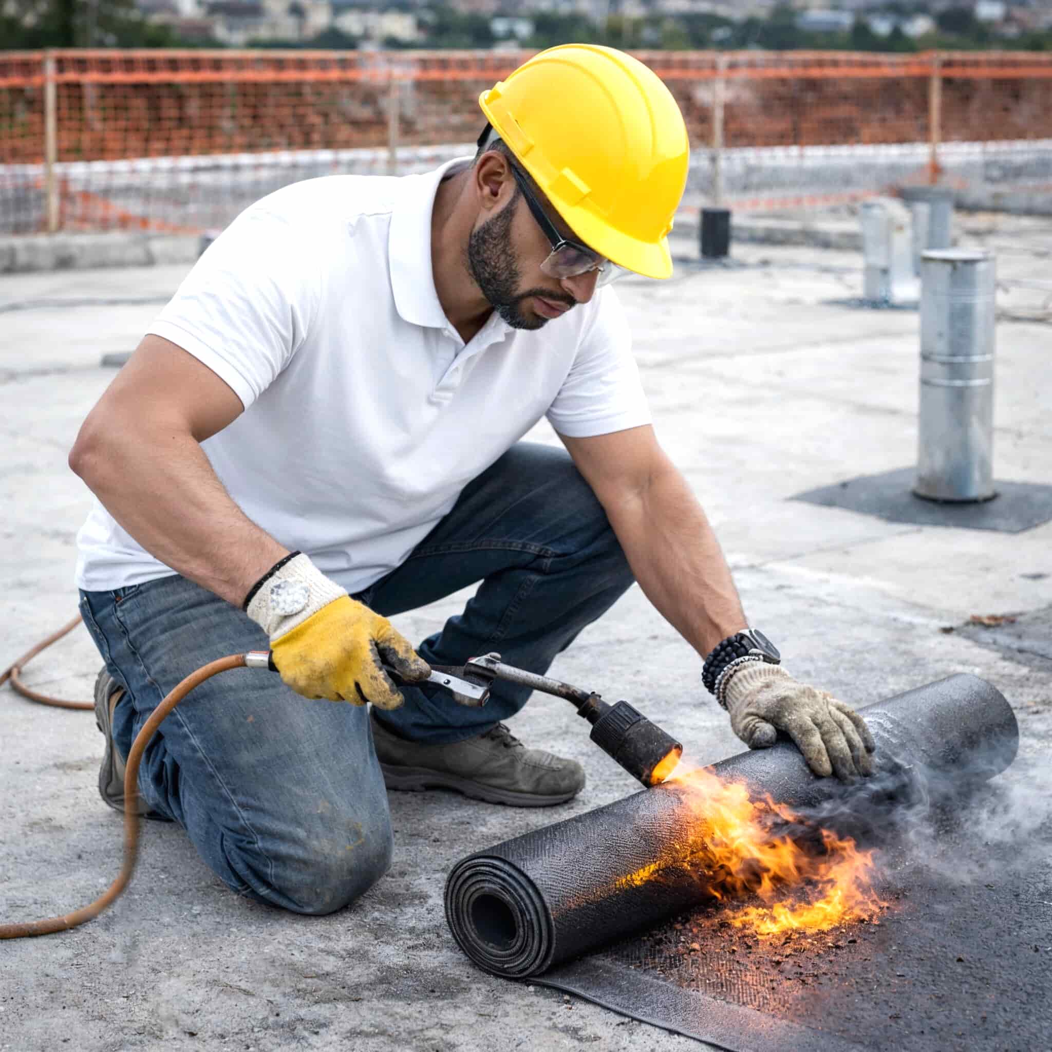 curso impermeabilizacion Trabajador con casco amarillo y polo de trabajo blanco, aplicando una membrana asfáltica con soplete sobre una superficie, ilustrando una práctica del curso impermeabilización, centrado en técnicas profesionales de aislamiento y protección contra la humedad en obras de construcción.
